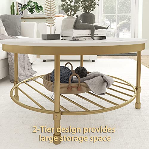 2-Tier Round Coffee Table with Storage Shelf, Rustic Wood and Steel W5841