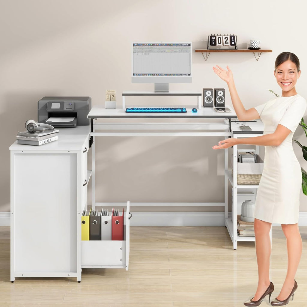 L Shaped Computer Desk with Lift Top, Power Outlets and Drawers Q139572