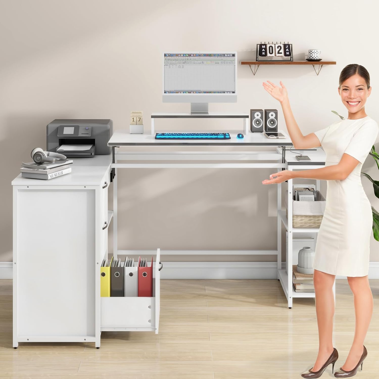 L Shaped Computer Desk with Lift Top, Power Outlets and Drawers Q139572