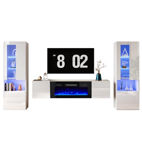 High Gloss TV Stand with Electric Fireplace and Glass Door Bookcases P6943