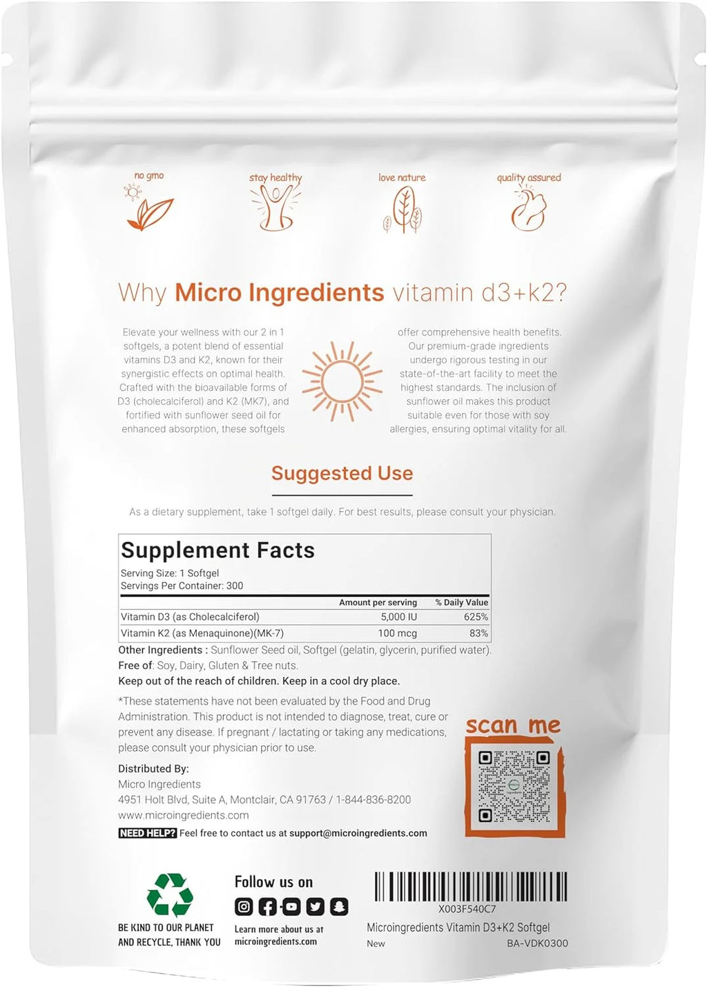 Vitamin D3 5000 IU with K2 100 mcg, 300 Soft-Gels R7429