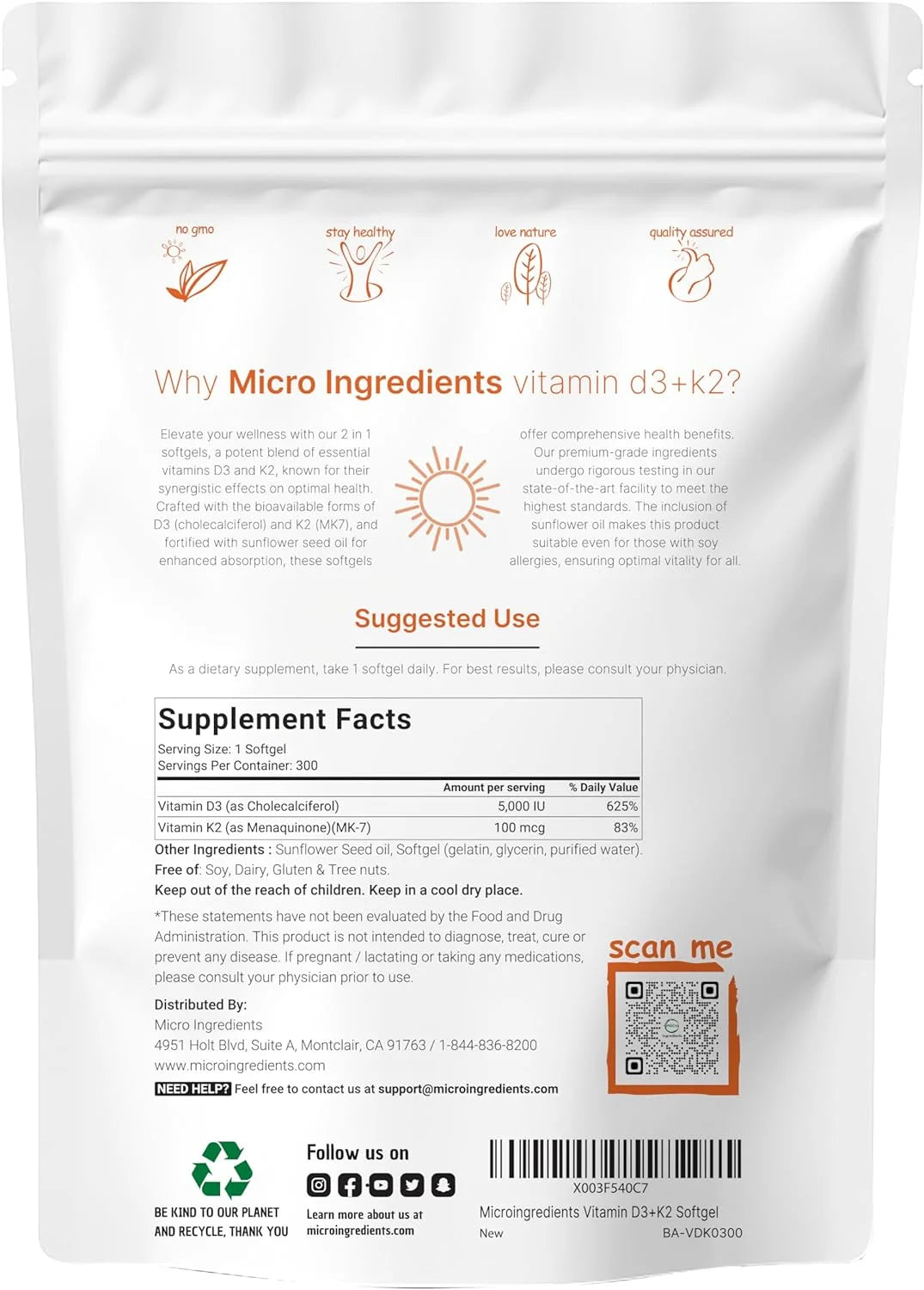 Vitamin D3 5000 IU with K2 100 mcg, 300 Soft-Gels R7429