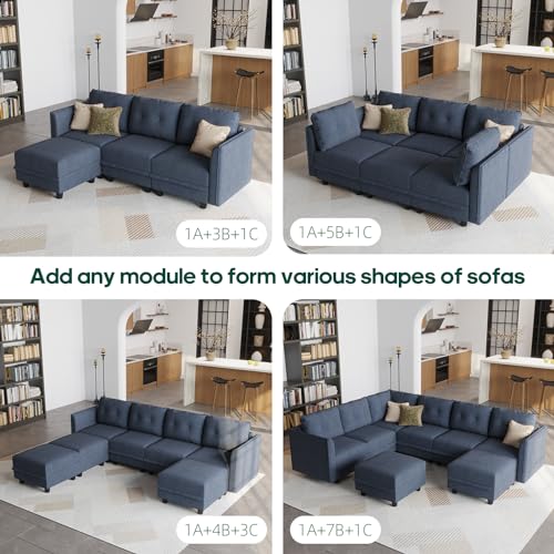 Modular Sectional Sofa with Chaise, 8 Seater Reversible L Shaped Couch, Denim Blue H471