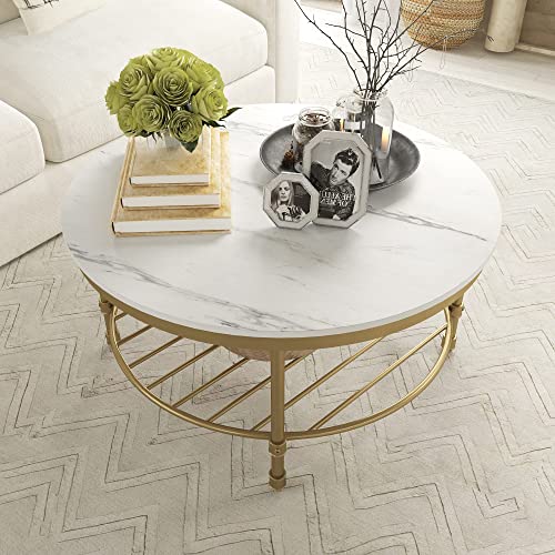 2-Tier Round Coffee Table with Storage Shelf, Rustic Wood and Steel W5841