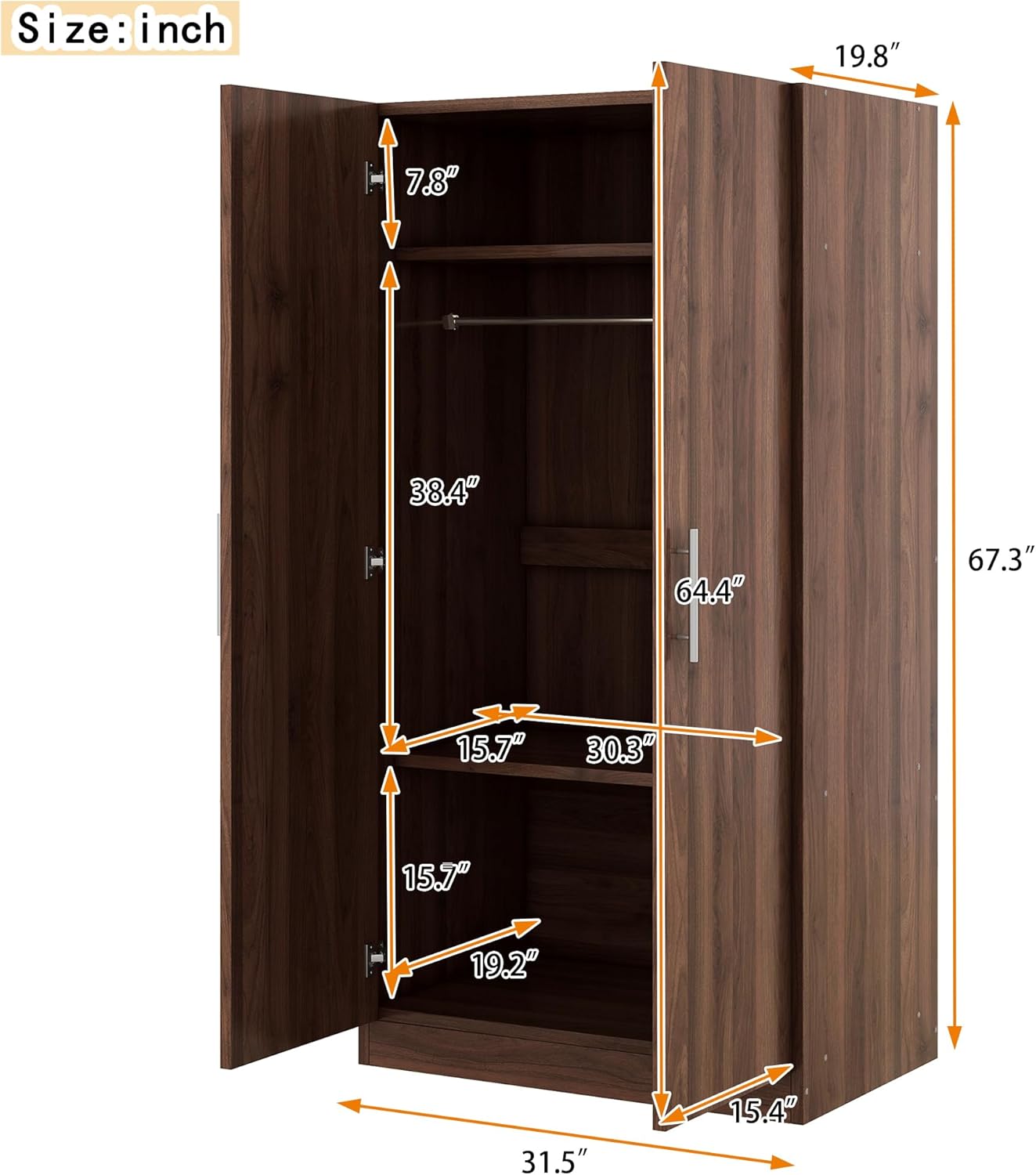 Freestanding Mirror Wardrobe with 2 Drawers, Shelves & Hanging Rod Z89945
