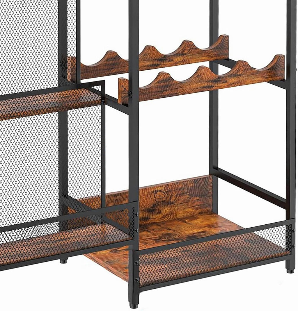 Free Standing Floor Liquor Cabinet with Glass Bottle Holder, 3-Tier Display Shelf, Rustic Brown E213