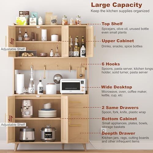 70.9" Kitchen Pantry Cabinet with Microwave Shelf, Rattan Hutch with Charging Station, Tall Floor Cupboard with Drawers and Doors, Black and Natural E348
