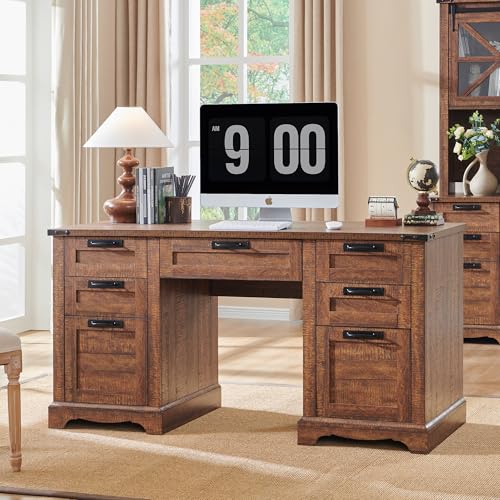 RedLemon 60" Farmhouse Executive Desk with Drawers, Wood Home Office Desk w/Charging Station, Keyboard Tray, File Drawer, Storage Cabinet, Rustic Computer Writing Desk (Natural Oak)