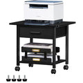 Lerliuo Under Desk Rolling Printer Stand with Drawer, 2-Tier Industrial Mobile Printer Table Desk with Storage Shelf and Steel Frame, Printer Cart Holder with Lockable Wheels for Home, Office (Black)