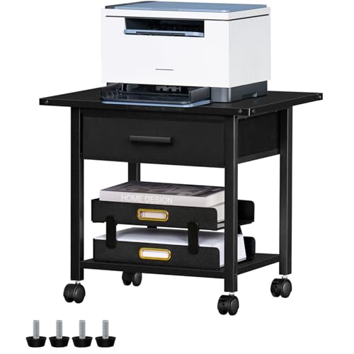Lerliuo Under Desk Rolling Printer Stand with Drawer, 2-Tier Industrial Mobile Printer Table Desk with Storage Shelf and Steel Frame, Printer Cart Holder with Lockable Wheels for Home, Office (Black)