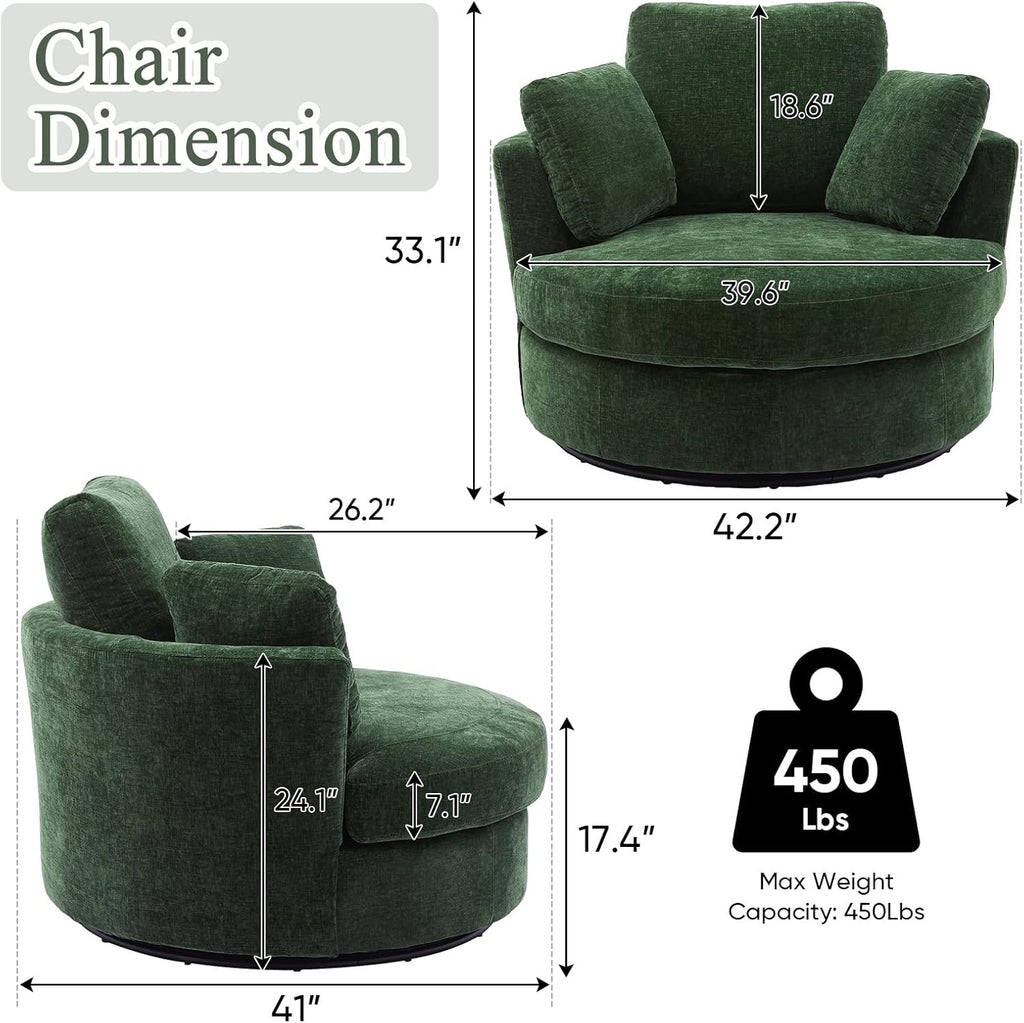 Boucle Swivel Barrel Chair with 3 Pillows, Green Chenille D465544