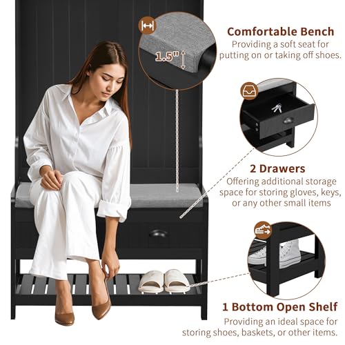 Hall Tree with Bench and Shoe Storage, 3-in-1 Entryway Ottoman with Coat Rack, Black V8425
