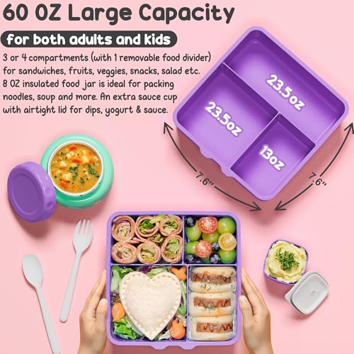 Bento Box for Kids Adults - Leakproof 3 Compartments Lunch Set with Thermos, Water Bottle, Lunch Bag & Cutlery C614861