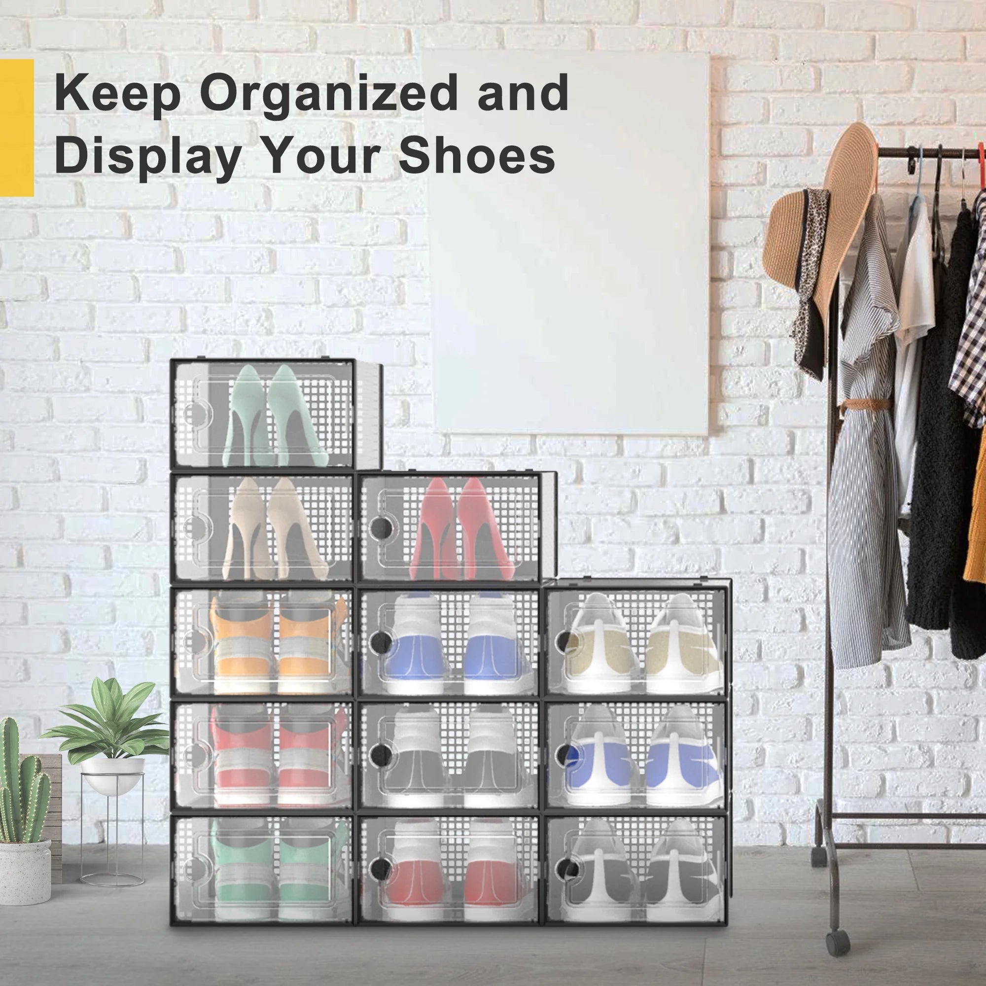 Stackable Plastic Shoe Storage Box, 12 Pack, Black F98416
