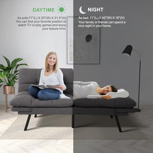Futon Sofa Bed with Memory Foam, Convertible Sleeper for Small Spaces, Grey T7192