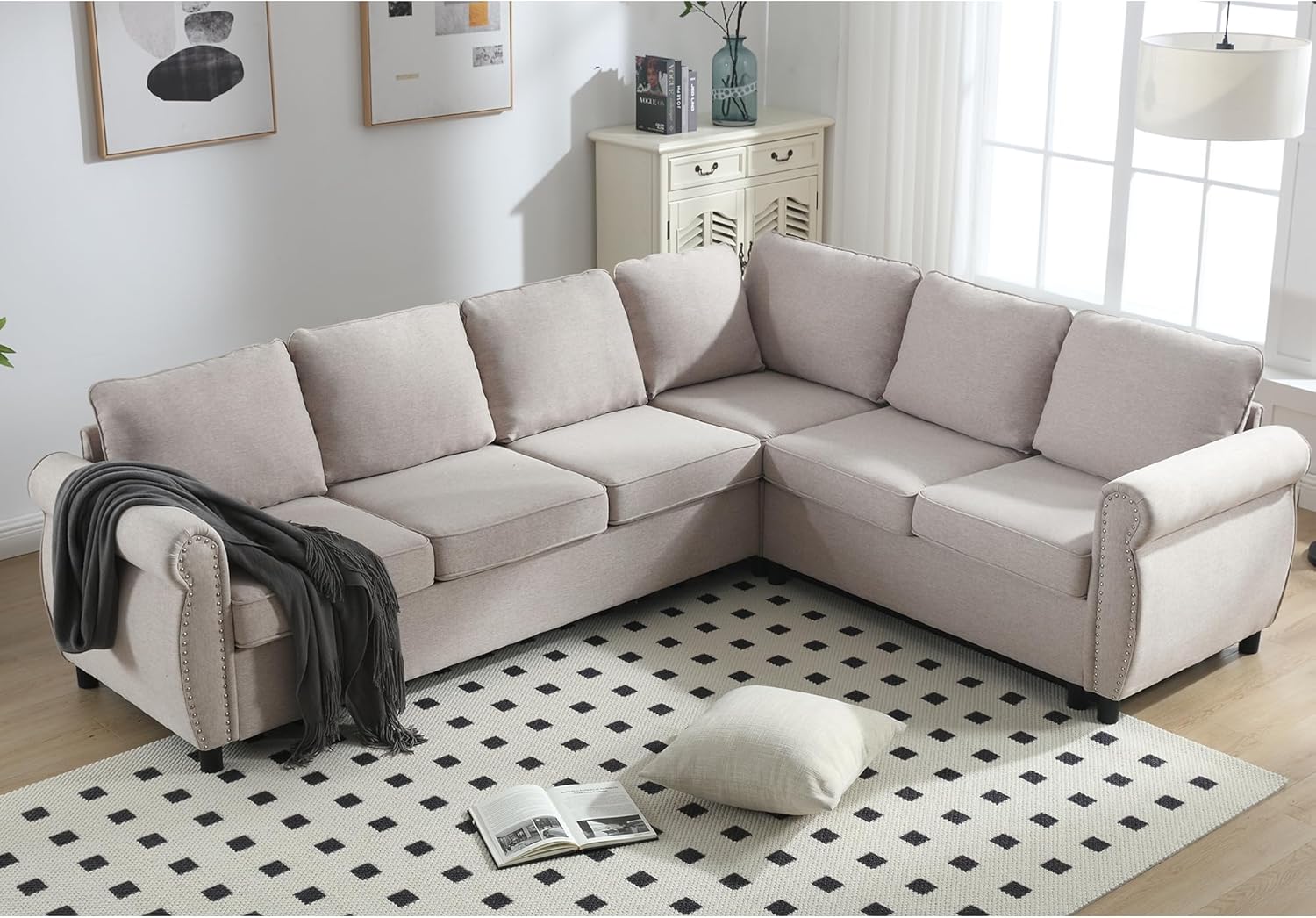 Modular Sectional Sleeper Sofa with Pull Out Bed, 6 Seater, Beige N245294