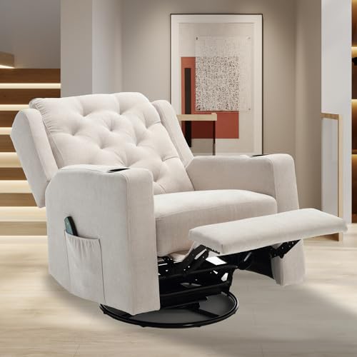 Oversized Swivel Rocker Recliner with Wide Seat Tufted Fabric and Cup Holders K745