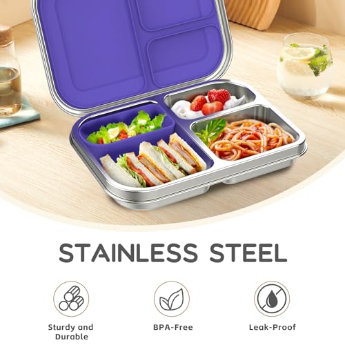 Stainless Steel Kids Bento Lunch Box, 3 Compartments, BPA-Free, Blue B157