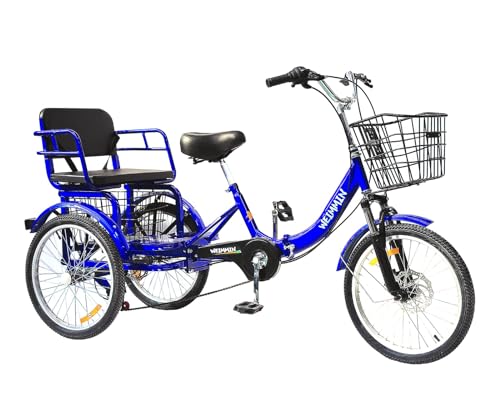 Adult Tricycle 7 Speed, 20 Inch 3 Wheel Bikes Folding Tricycle for Adults,for Women/Men/Seniors, Fork Shock Absorption Wheel Cruiser Bike w/Front&Rear Basket for Shopping/Children