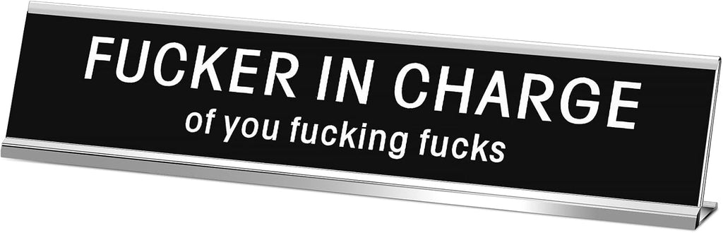 Funny Desk Signs for Office, Novelty Nameplate Funny Office Decor Black Desk Plaque for Women Men Coworker Gift Office Home Desk Supply Accessories, 10 x 2 Inch (Fucker In Charge of You)