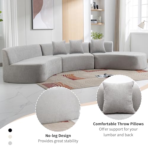 Curved Chenille Sectional Sofa with Three Throw Pillows, Grey I1781