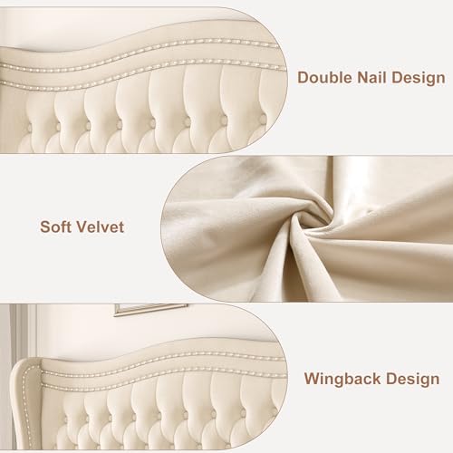 Upholstered Queen Bed Frame with Tall Headboard, Velvet, No Box Spring Needed Y91759