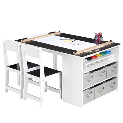 Kids Art Table and Chairs Set with Storage Desk and Art Supply Organizer I94392