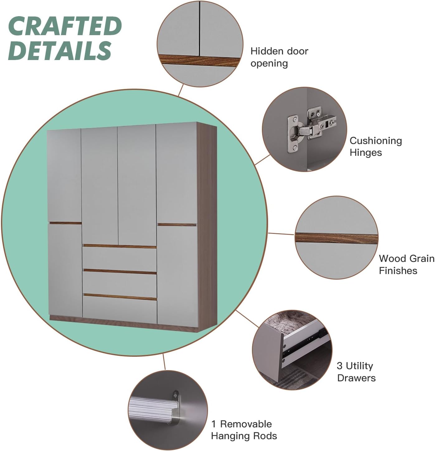 Wooden Armoire Wardrobe Closet, 4-Door 3 Drawers, Gray K556