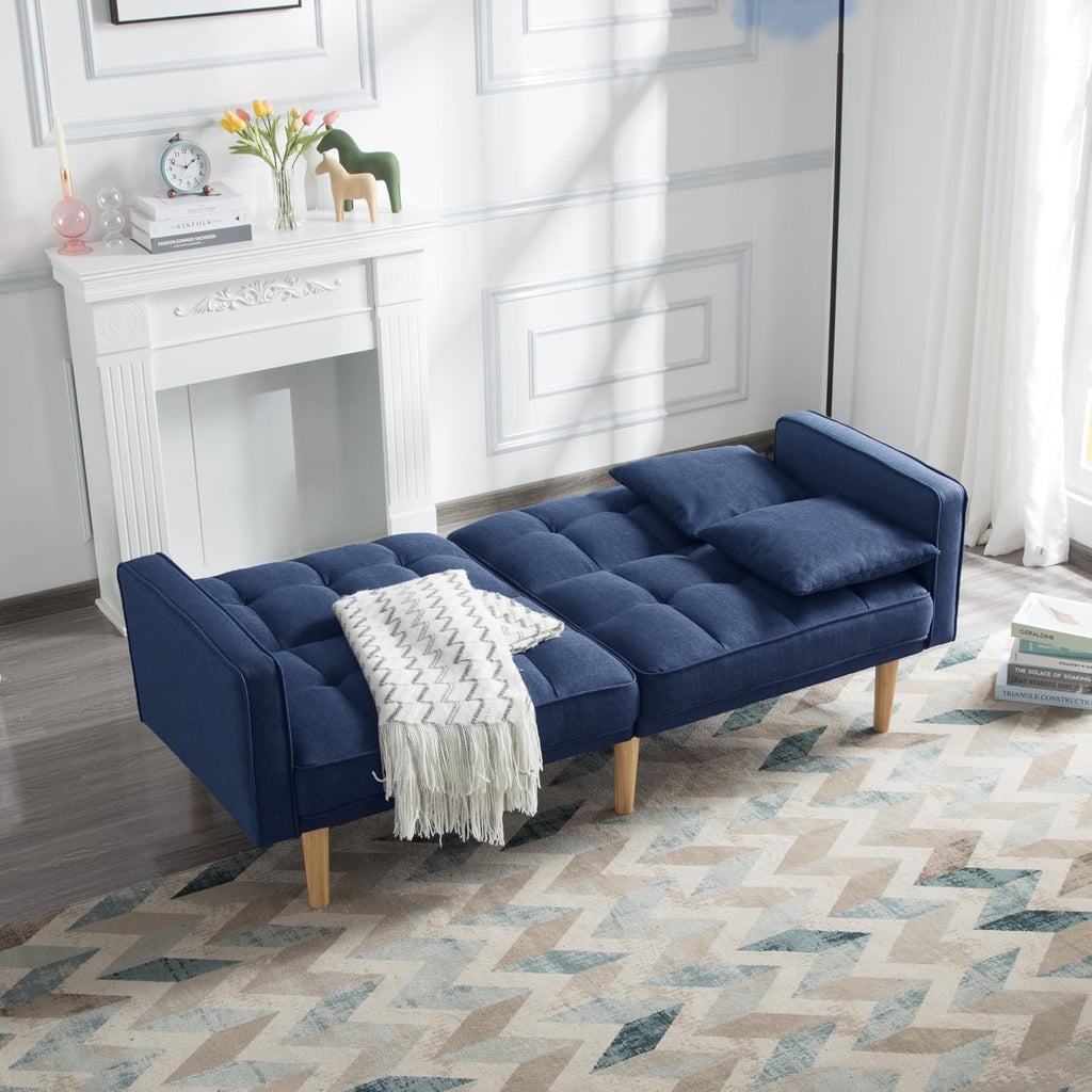 Tufted Futon Sofa Bed with Wooden Legs and 2 Pillows, Navy Blue N268