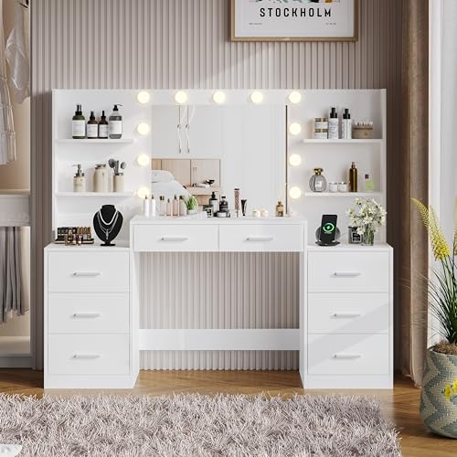 Large Vanity Desk with Mirror and Lights, White Makeup Vanity with Power Outlet, 8 Drawers U4403