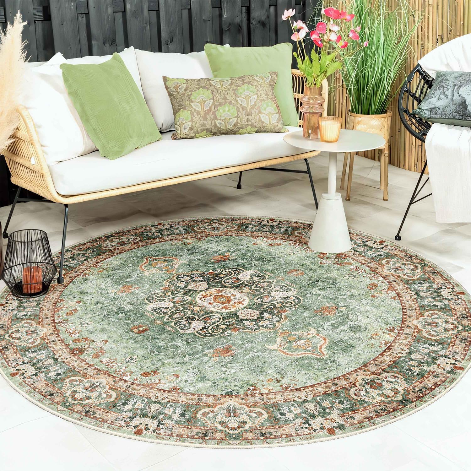 Sage Green Round Rug 6ft Washable Non Slip Circle Carpet M6739