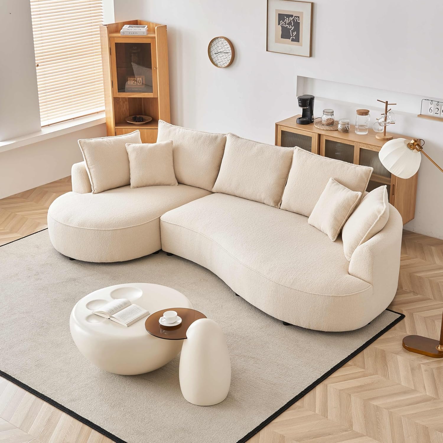 JUSTONE122.8 Curved Sofa Modern Curved Couch Living Room Modular Sectional Sofa, Mid Century Upholstered Couch Boucle Fabric Sofa for Bedroom Apartment Left Hand Facing(Beige)