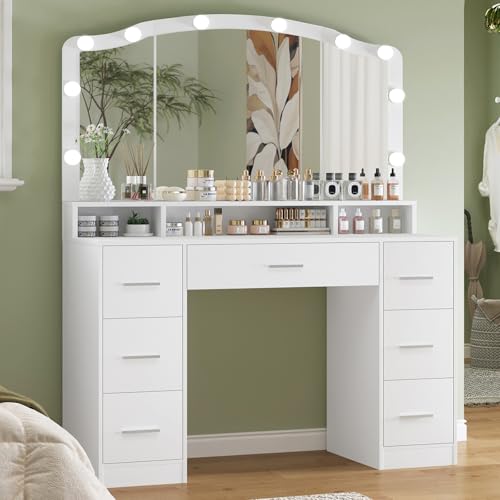 Vanity Desk with Lighted Mirror, 7 Drawers, 3 Lighting Colors, White X572