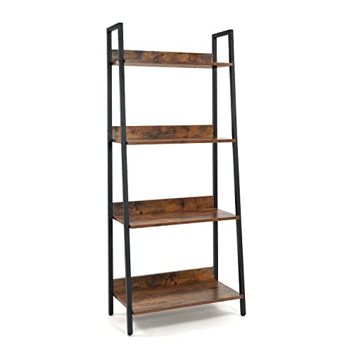 CAPHAUS 24 Inch Width 4-Tier Ladder Shelf, Free Standing Bookcase with Open Shelves, Storage Rack Organizer, Industrial Book Shelves for Living Room, Home Office, Kitchen, Dark Grey Wooden Shelves