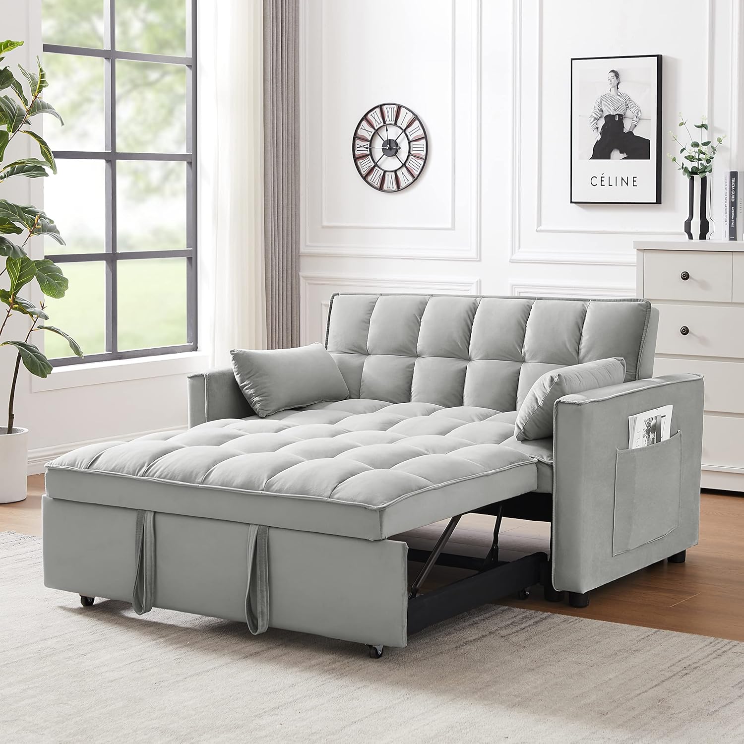 Full Pull Out Sofa Bed Convertible Sleeper with Pillows, Gray W90637