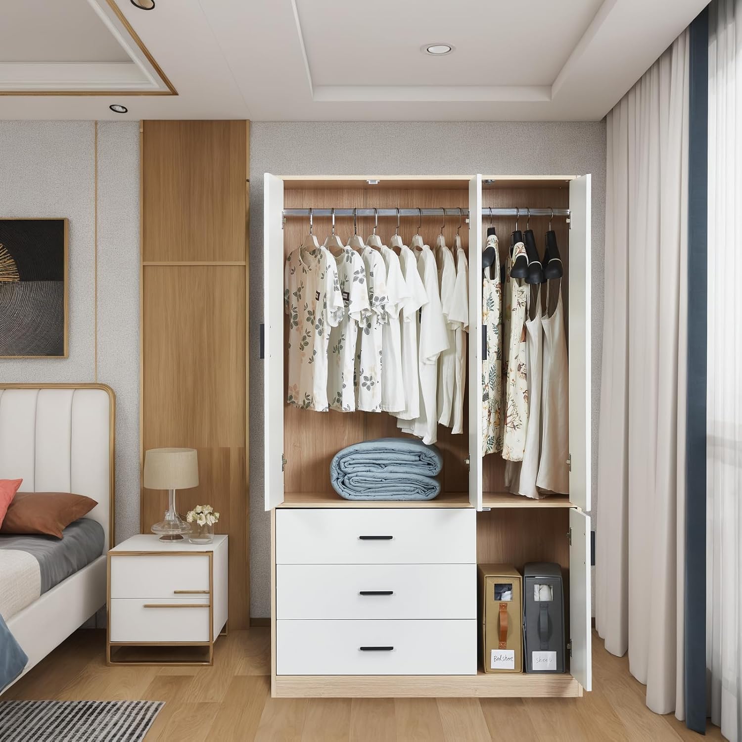 Wardrobe Closet with 3 Drawers, 2 Doors and Mirror K6817