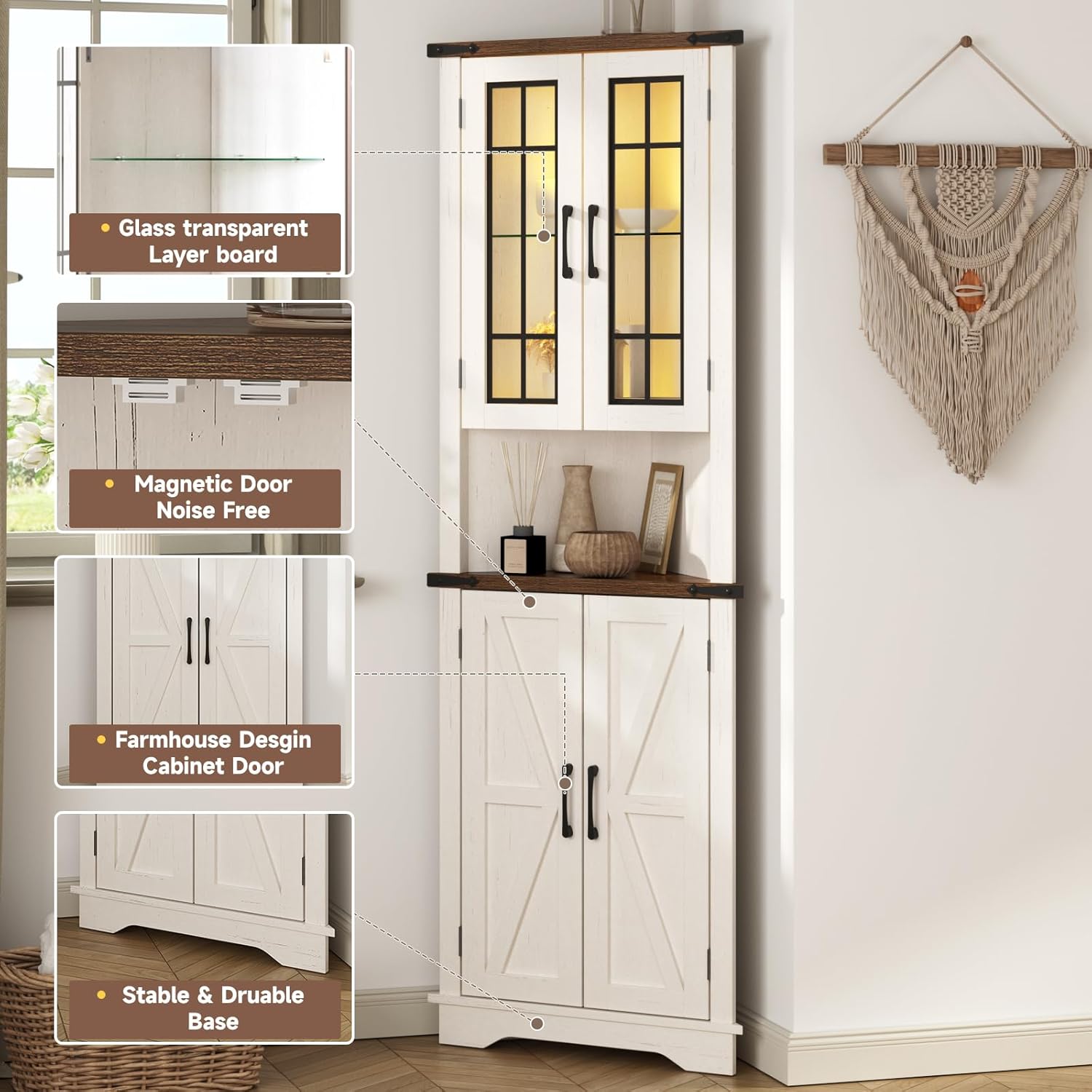 Corner Cabinet with LED Light and Glass Doors O56728