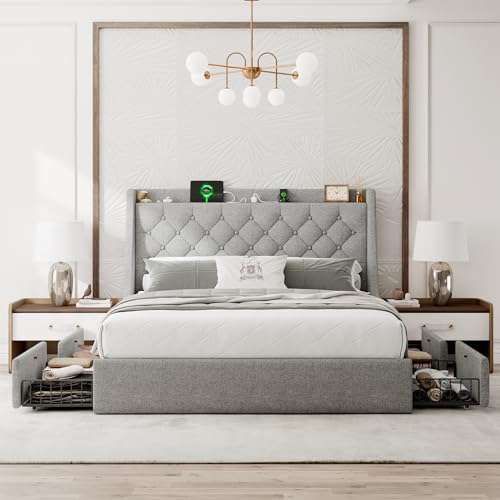 Full Size Upholstered Bed Frame with 4 Storage Drawers and Wingback Headboard I4360