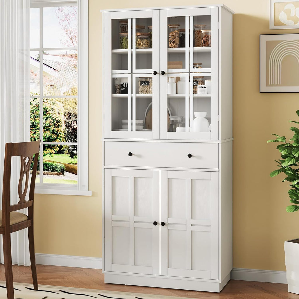 Tall Pantry Cabinet with Glass Doors and Drawer, Freestanding Storage Cupboard, White T455479