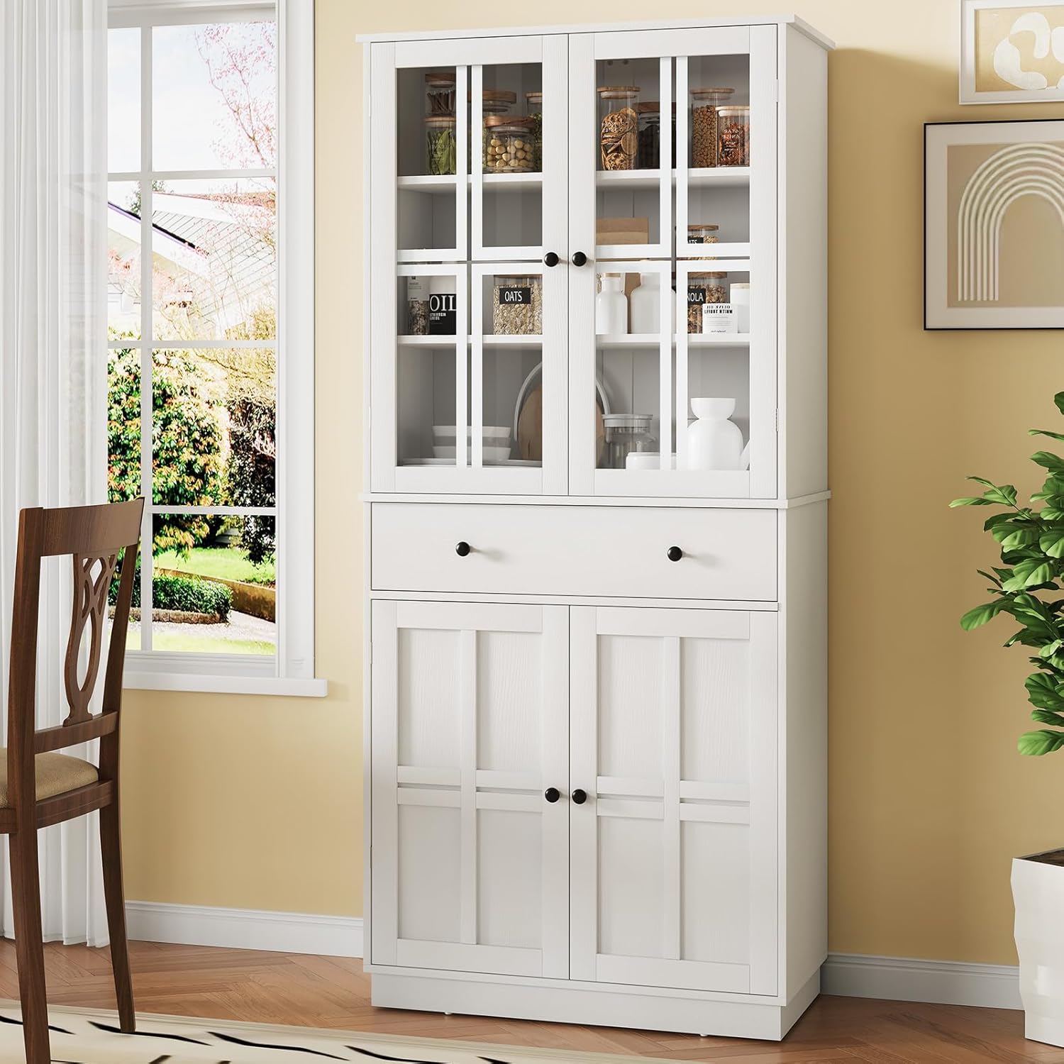 Tall Pantry Cabinet with Glass Doors and Drawer, Freestanding Storage Cupboard, White T455479