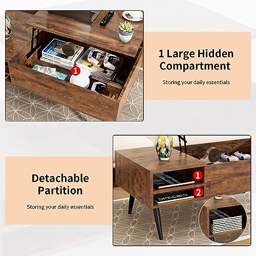 Lift Top Coffee Table with Hidden Storage, Rectangle Wooden, for Living Room T8560