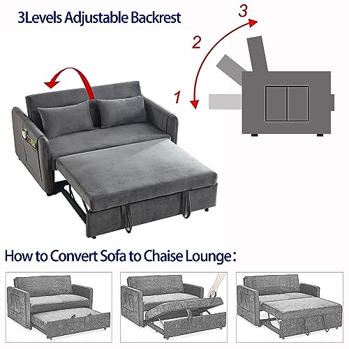 Convertible Sofa Bed with Pull-Out Bed, Velvet, Adjustable Backrest, Grey Q843