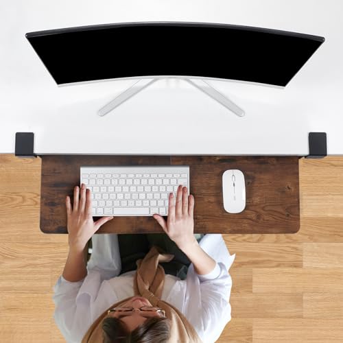 Under Desk Keyboard Tray with Drawer, Height Adjustable, Mahogany X7920