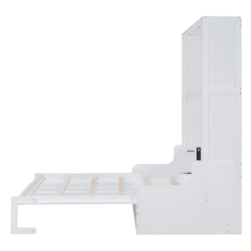 Murphy Bed with Wardrobe, Foldable Wooden Bed Frame with Drawers and Shelves V440