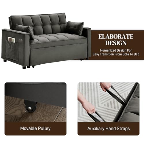 Convertible Sleeper Sofa with Pullout Bed, USB Port, Black Velvet O177