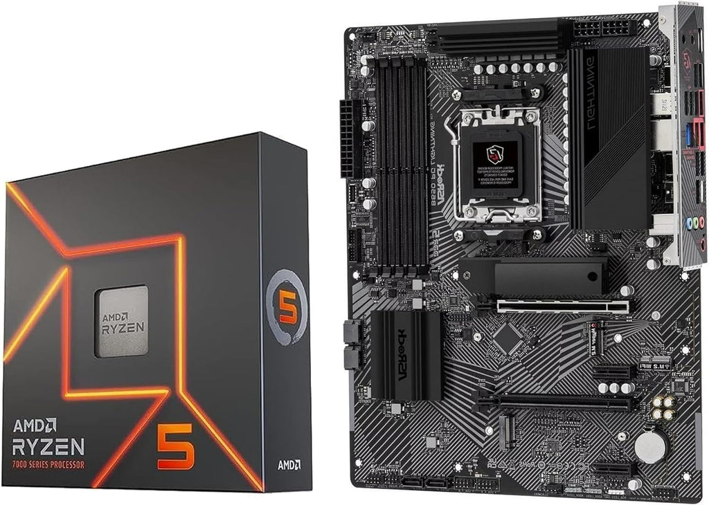 ASRock B650 PG Lighting AM5 ATX Motherboard Bundle with AMD Ryzen 5 7600X, 4 Slots DDR5, PCIE 4.0 x16, 3 M.2 Slots, 2.5Gb LAN, 7.1 Nahimic Audio, Rear USB3.2 Gen2x2 Type-C, 14+2+1 Power Phase