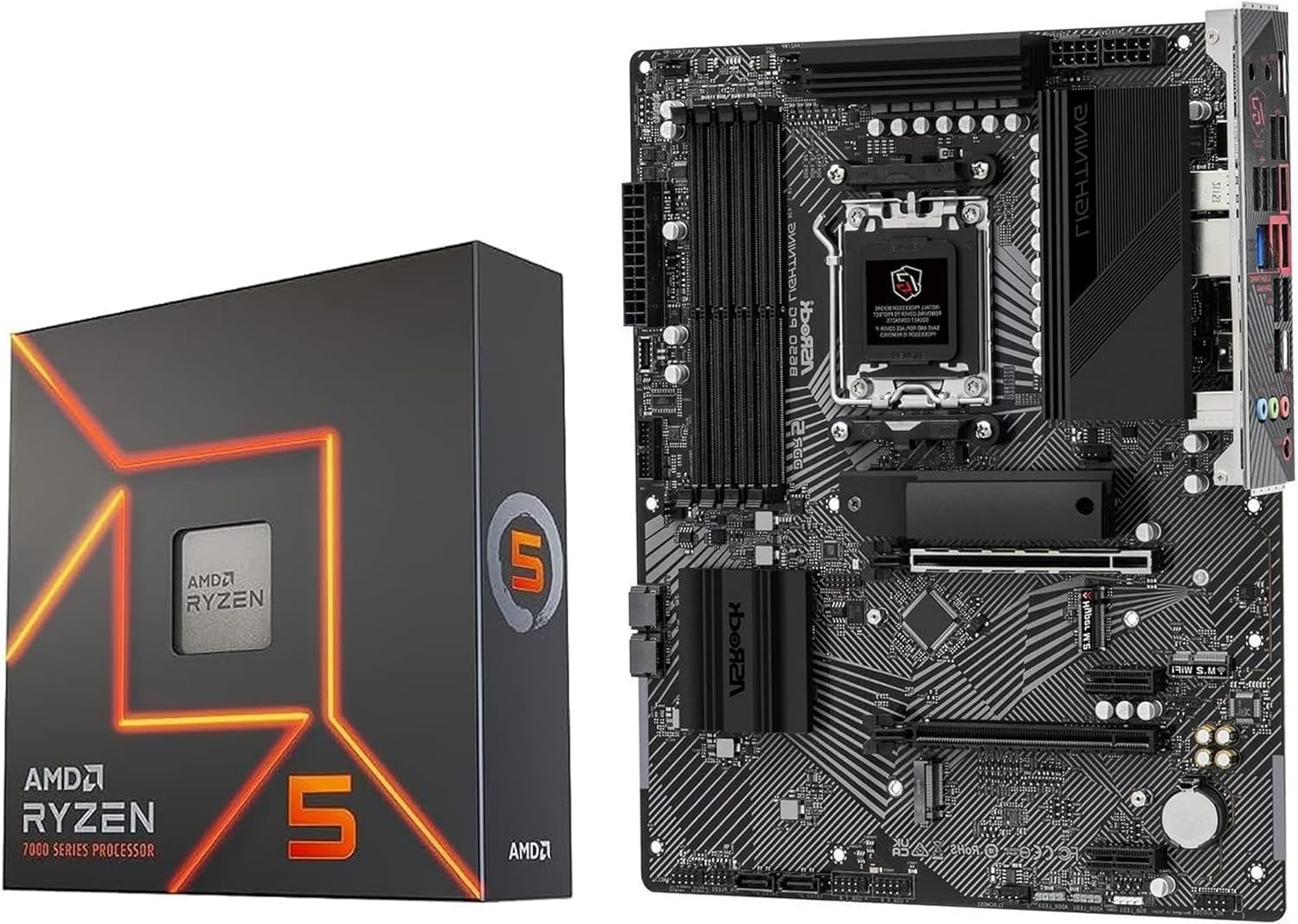 ASRock B650 PG Lighting AM5 ATX Motherboard Bundle with AMD Ryzen 5 7600X, 4 Slots DDR5, PCIE 4.0 x16, 3 M.2 Slots, 2.5Gb LAN, 7.1 Nahimic Audio, Rear USB3.2 Gen2x2 Type-C, 14+2+1 Power Phase