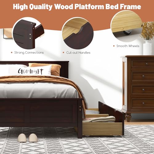 Twin Size Bed Frame with 2 Drawers and Solid Wood Headboard T9379