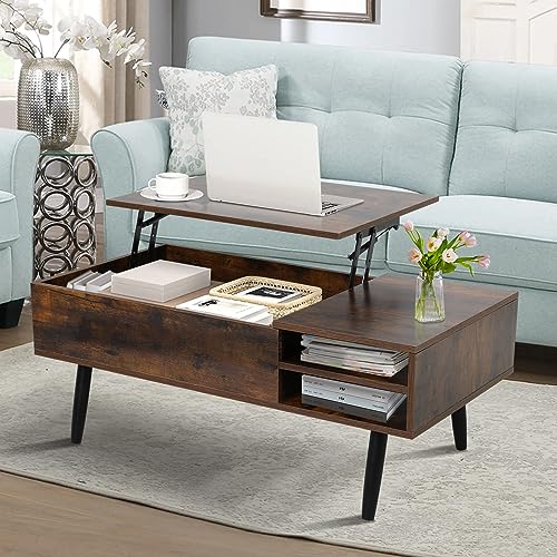 Lift Top Coffee Table, Center Table with Hidden Storage, Small Coffee Table Rectangle Extendable - Wooden Coffee table with Rising Tabletop for Living Room (Brwon)