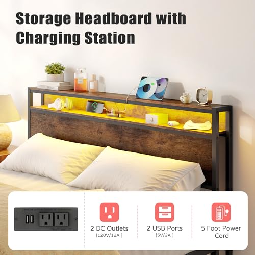Vintage Brown Bed Frame with LED Light and Charging Station G33947